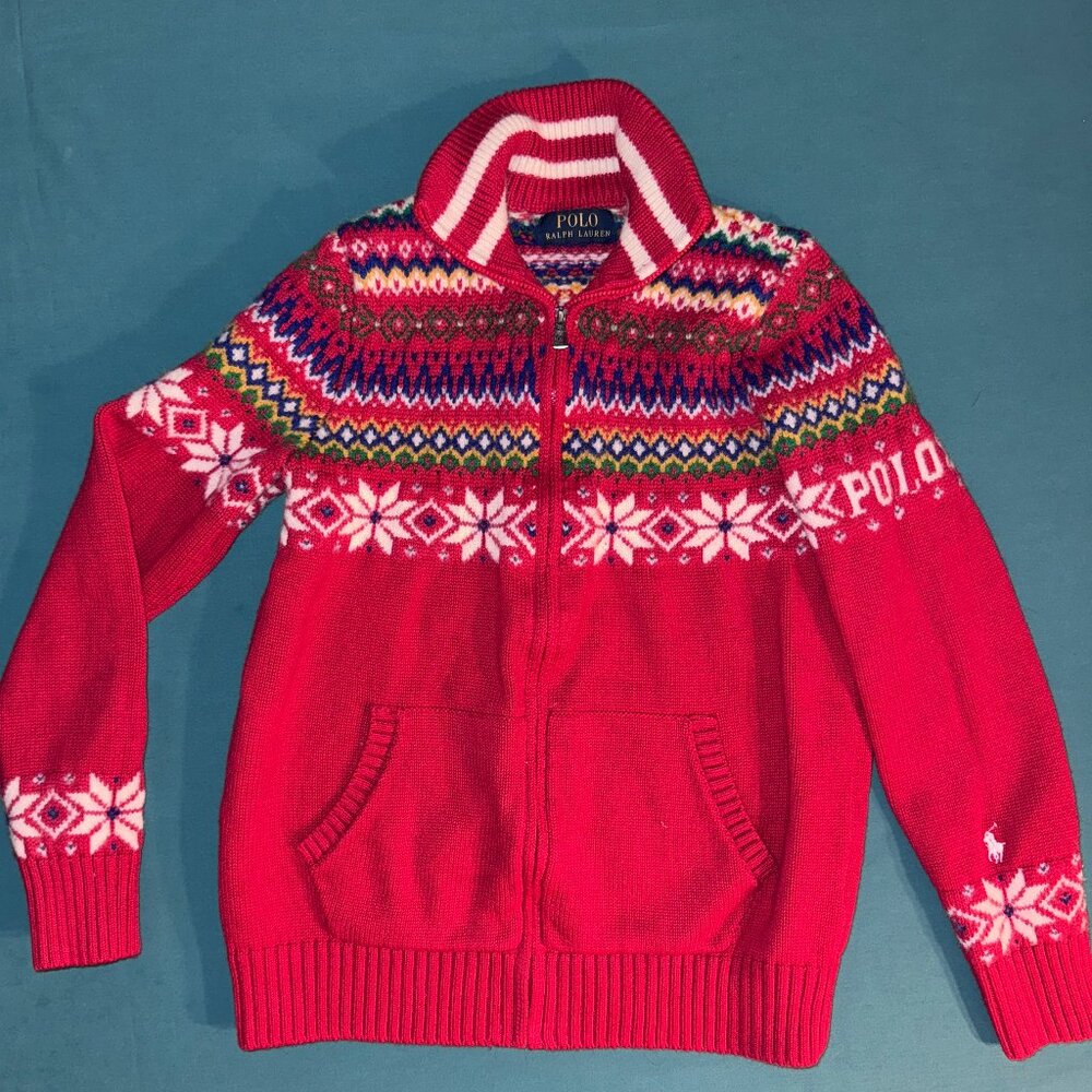 Red Christmas Holiday Polo Knit zip up sweater - size Youth Med-Large
